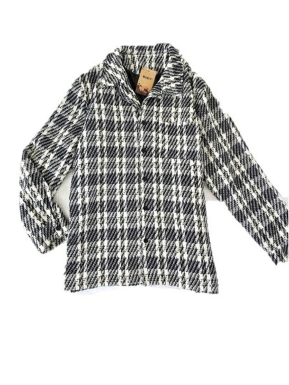 New Black White Tweed Plaid Jacket Coat Size 3XL Snaps Lined Linen Cotton Unisex